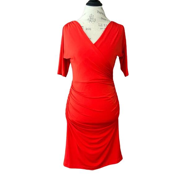 muse for BOSTON PROPER solid red Faux Wrap Dress Bilateral Side Ruched sz 4 - Picture 1 of 11